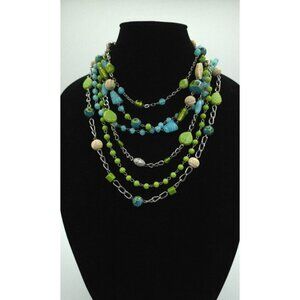 Multistrand Blue & Green Artisan Beaded Necklace With Silver Chain Layers